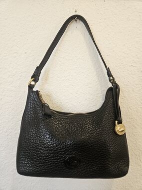 Vintage Mid 80s Dooney & Bourke Black Leather Shoulder Bag with Gold Accent
